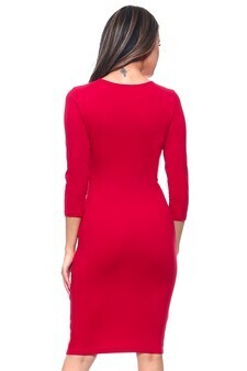 Yelete Crew Neck 3/4 Sleeve Midi Bodycon Dress-Crimson-Large image 2