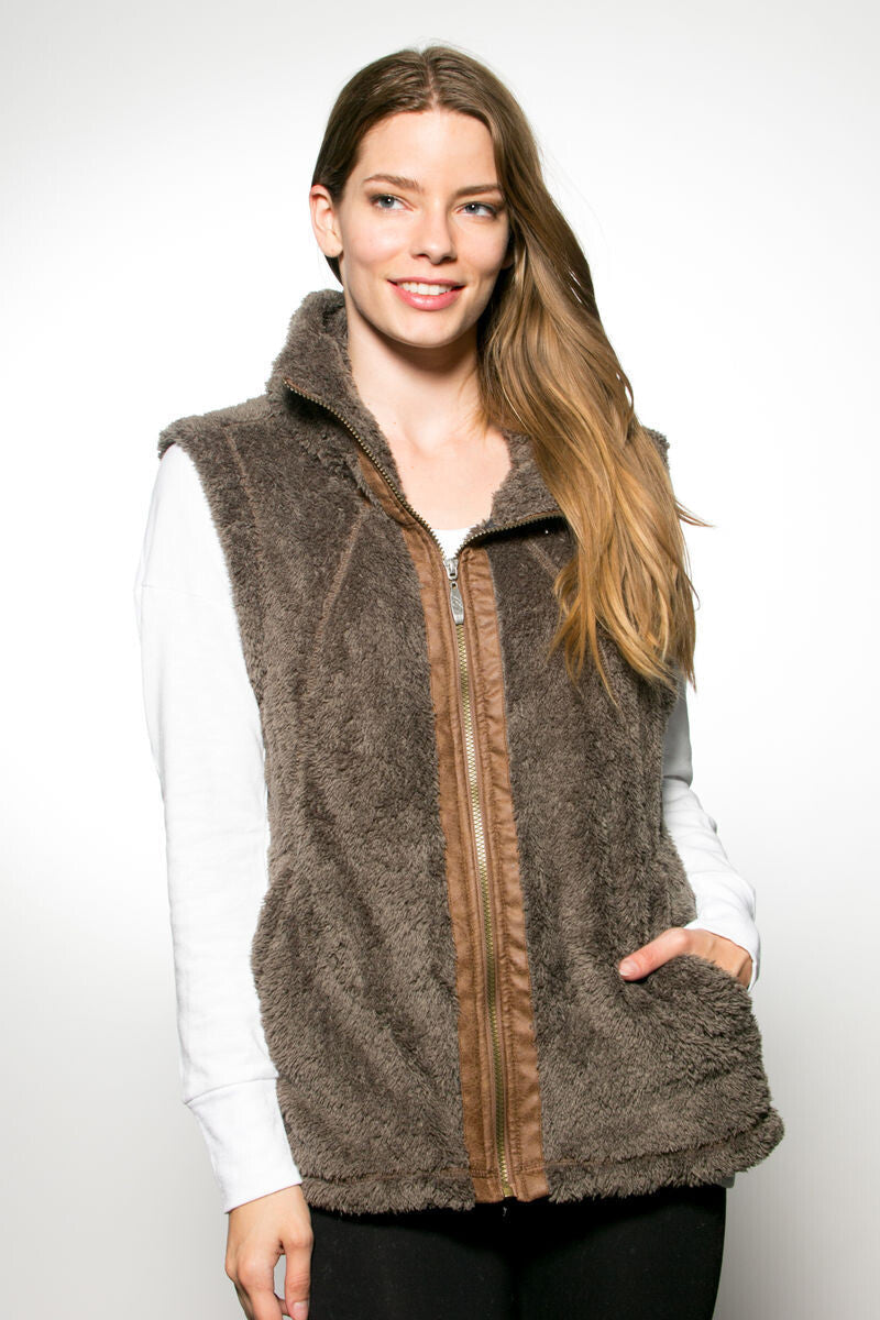 FLUFFY FLEECE VEST W/ HIDDEN HOOD & PU TRIM image 0