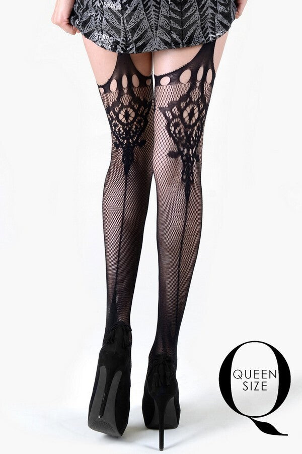 KILLER LEGS Ladies Spanish Fan Faux Garters Fishnet Pantyhose-Queen Size image 1