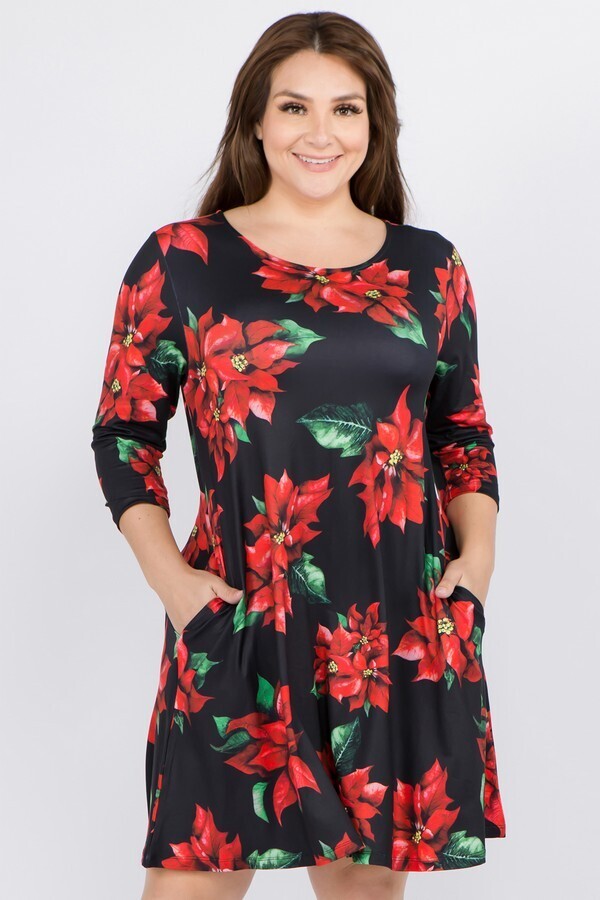 Women's Christmas Poinsettia Flower Print Dress image 0