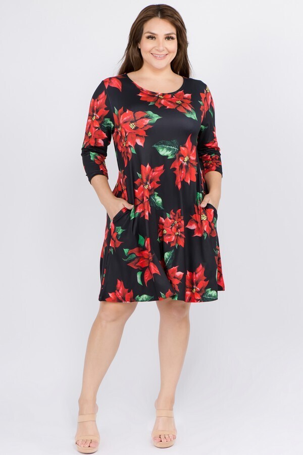 Women's Christmas Poinsettia Flower Print Dress image 1